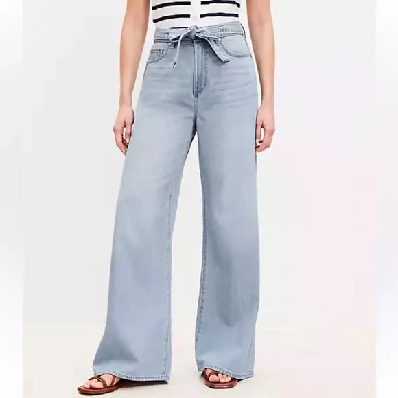 LOFT High Rise Palazzo Tie Waist Wide Leg Jeans - Picture 3 of 7